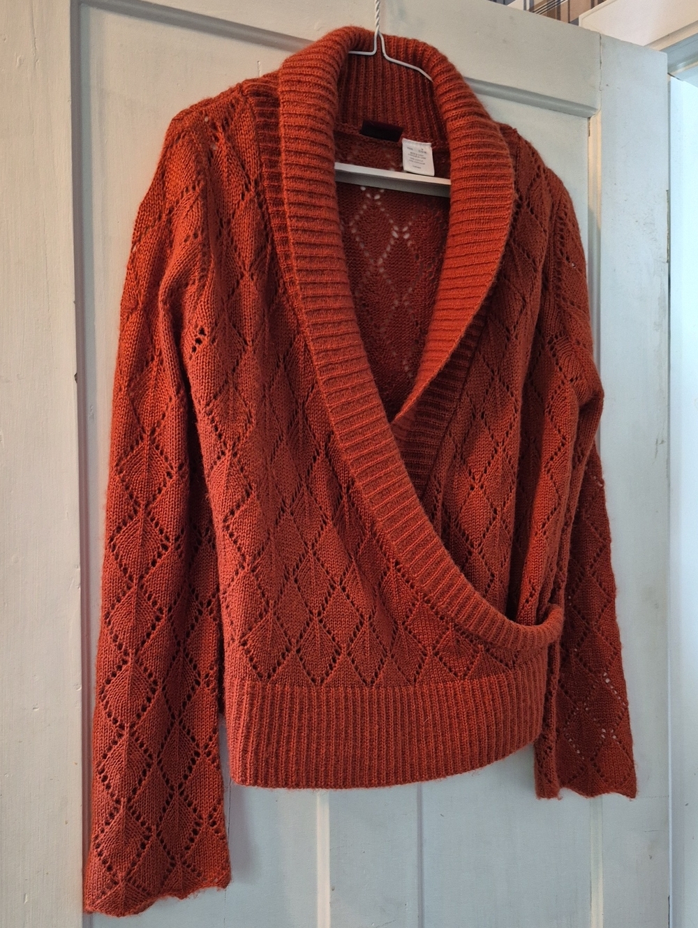 Rust Orange Open Shawl Collar Knit Sweater